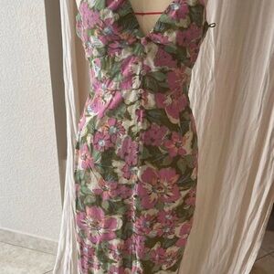 Zara Pink and Green Floral Midi Dress